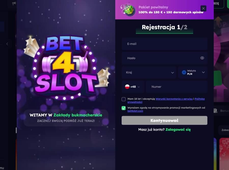 Rejestracja konta w kasynie Bet4Slot